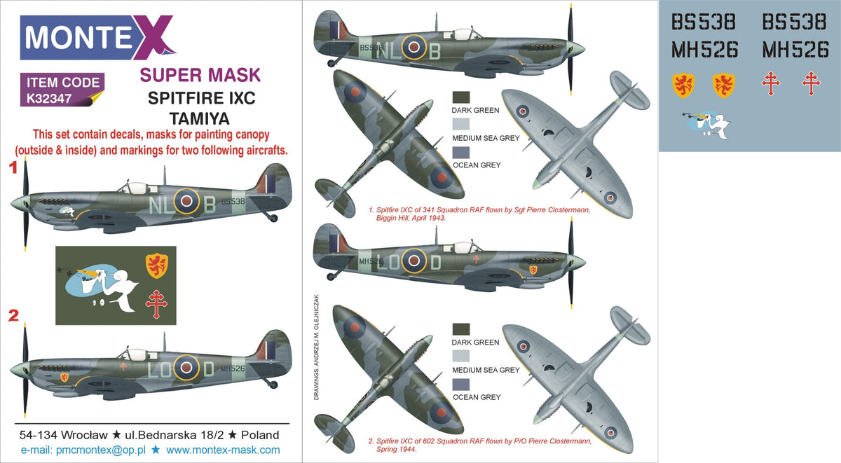 Supermarine Spitfire Mk.IXc	 2 canopy mask (interior and exterior canopy frame mask) insignia and markings masks + decals