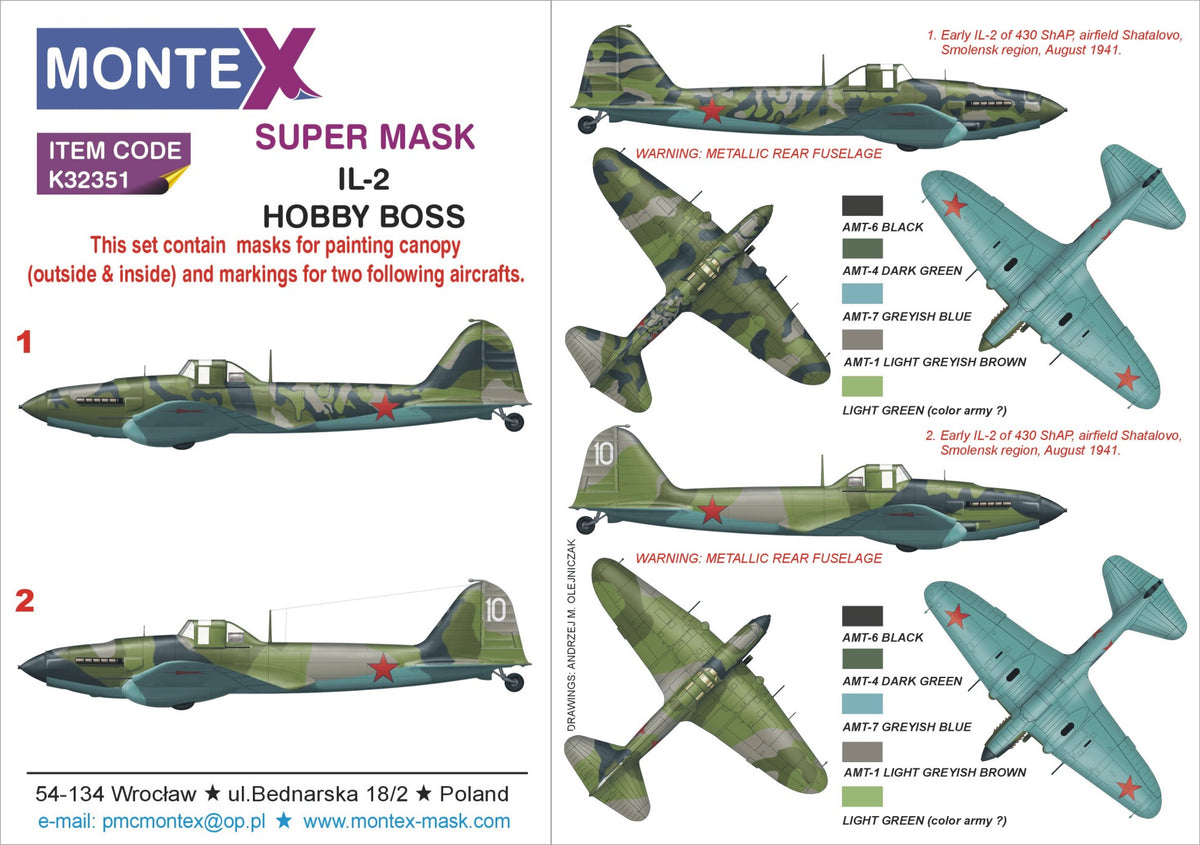 Ilyushin Il-2 canopy mask (interior and exterior canopy frame mask) + insignia and markings masks (designed to be used with Hobby Boss kits)