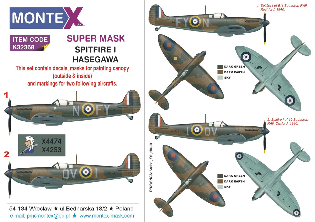 Supermarine Spitfire Mk.I 2 canopy frame paint mask (inside & outside) insignia and markings masks + decals (designed to be used with Hasegawa kits)