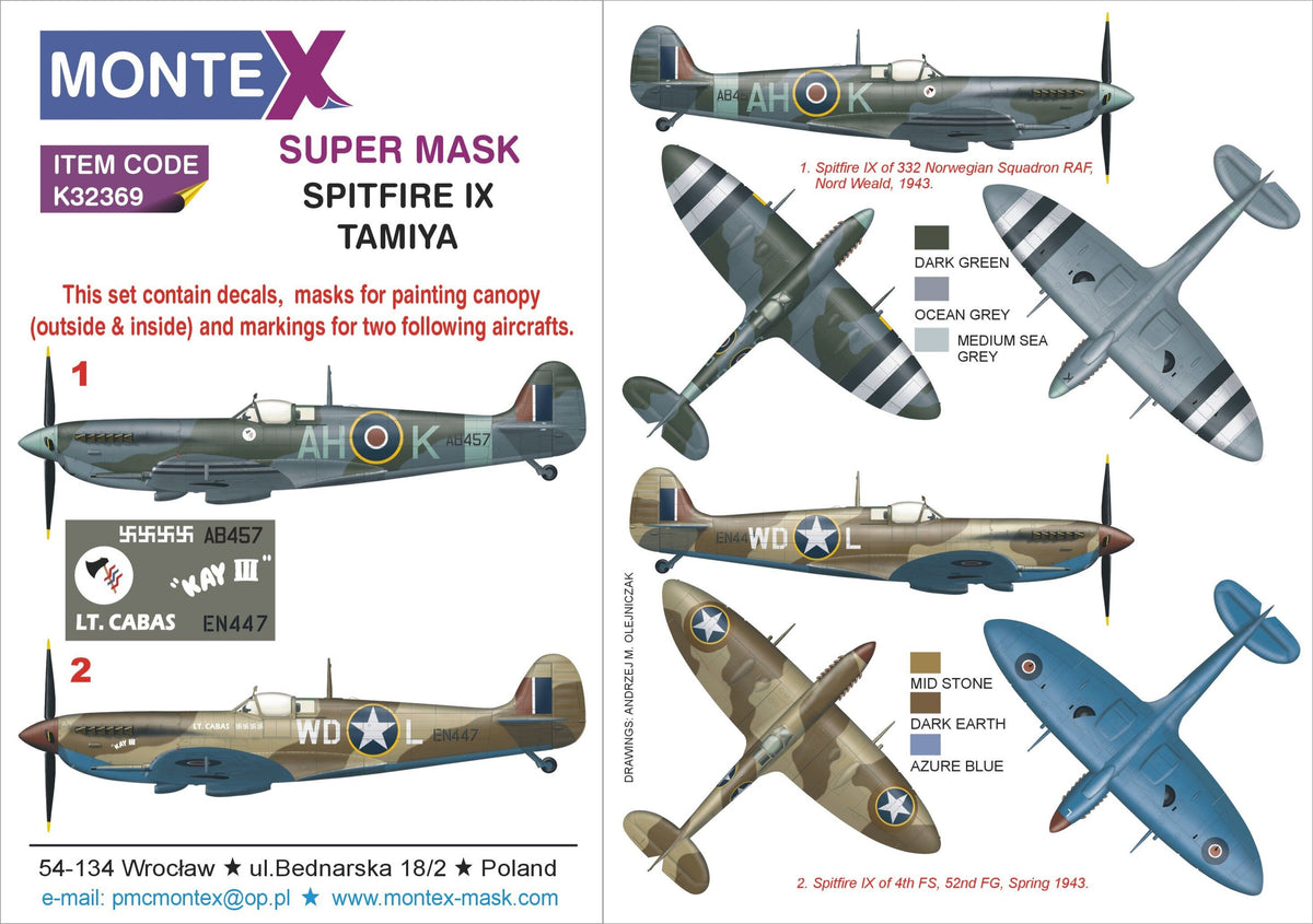 Supermarine Spitfire Mk.IXc canopy frame paint mask (inside & outside) + insignia and markings masks + decals (designed to be used with Tamiya kits)