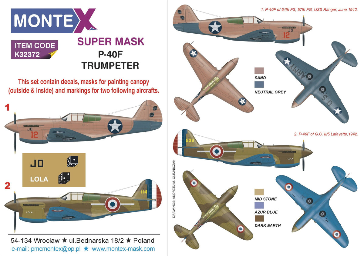 Curtiss P-40F Warhawk canopy frame paint mask (inside & outside) insignia and markings masks + decals (designed to be used with Trumpeter kits)