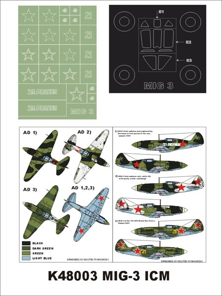 Mikoyan MiG-3 1 canopy mask (exterior) + insignia and markings masks (designed to be used with ICM UA UK kits)
