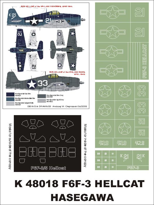 Grumman F6F-3 Hellcat (canopy frame paint masks (inside and outside)) + insignia and markings masks (designed to be used with Hasegawa kits)