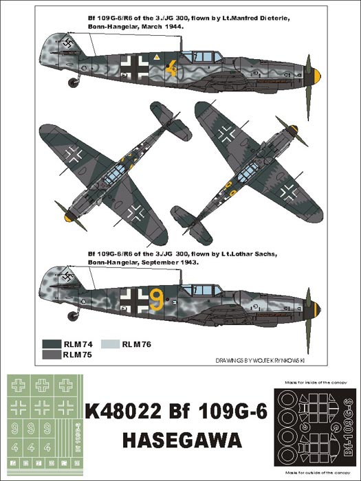 Messerschmitt Bf-109G-6 (canopy frame paint masks (inside and outside)) + insignia and markings masks (designed to be used with Hasegawa kits)