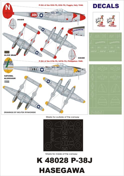 Lockheed P-38J Lightning (canopy frame paint masks (inside and outside)) insignia and markings masks + decals (designed to be used with Hasegawa kits)