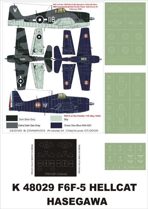 Grumman F6F-3/5 Hellcat (canopy frame paint masks (inside and outside)) + insignia and markings masks (designed to be used with Hasegawa kits)
