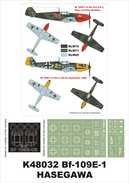 Messerschmitt Bf-109E-1 (canopy frame paint masks (inside and outside)) + 2 national insignia masks (designed to be used with Hasegawa kits)