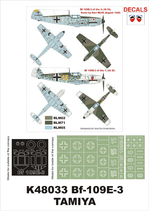 Messerschmitt Bf-109E-3 (canopy frame paint masks (inside and outside)) insignia and markings masks + decals (designed to be used with Tamiya kits)