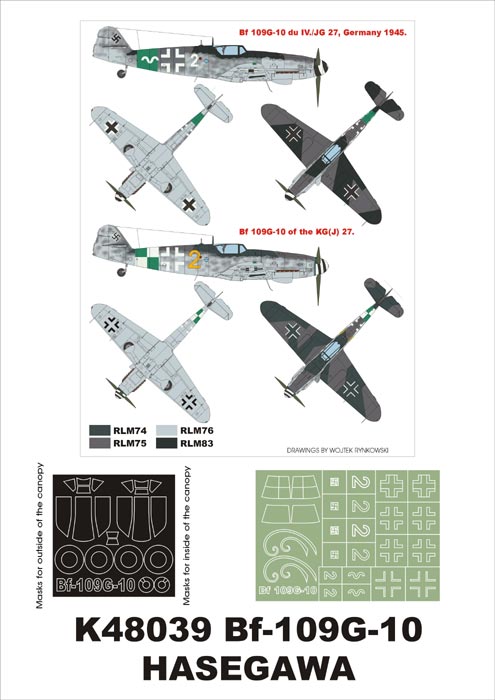 Messerschmitt Bf-109G-10 (canopy frame paint masks (inside and outside)) + insignia and markings masks (designed to be used with Hasegawa kits)