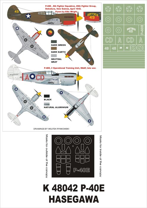 Curtiss P-40E Kittyhawk (canopy frame paint masks (inside and outside)) + insignia and markings masks (designed to be used with Hasegawa kits)