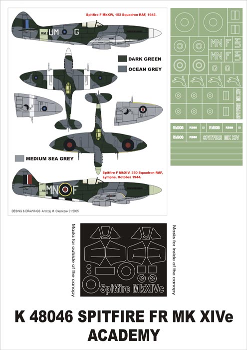 Supermarine Spitfire F Mk.XIVe (canopy frame paint masks (inside and outside)) insignia and markings masks (designed to be used with Academy kits)