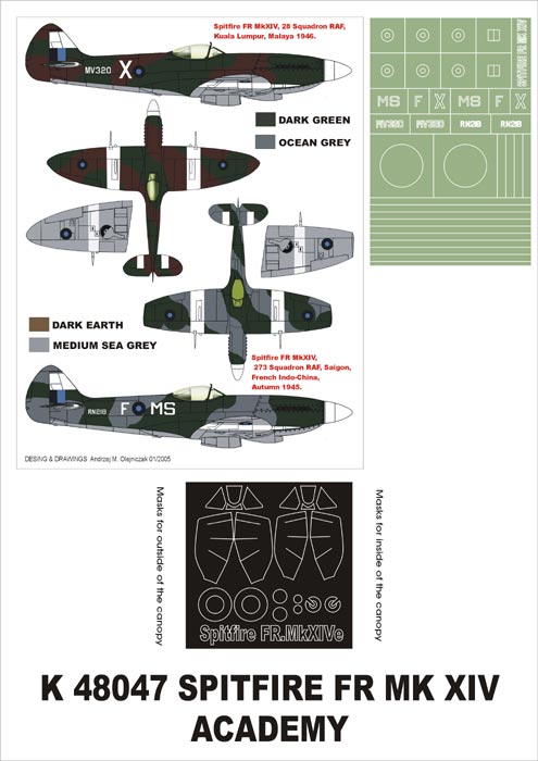 Supermarine Spitfire FR Mk.XIV (canopy frame paint masks (inside and outside)) + insignia and markings masks (designed to be used with Academy kits)