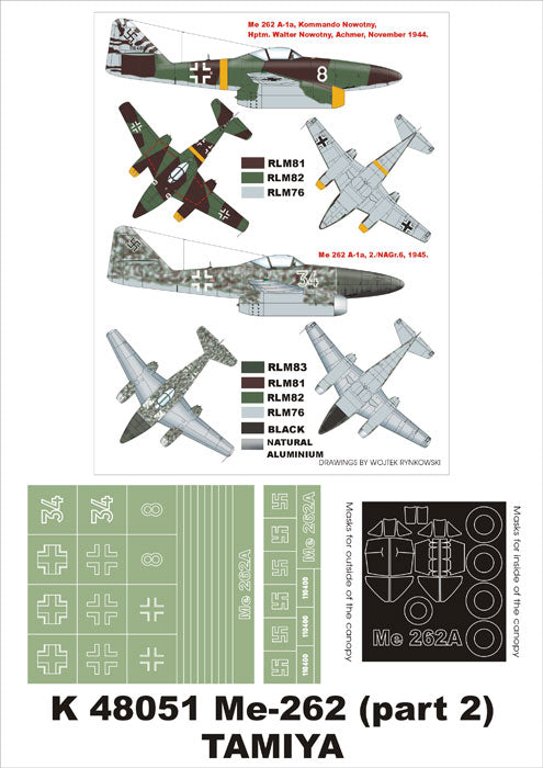 Messerschmitt Me-262 (part 2) (canopy frame paint masks (inside and outside)) insignia and markings masks (designed to be used with Tamiya kits)
