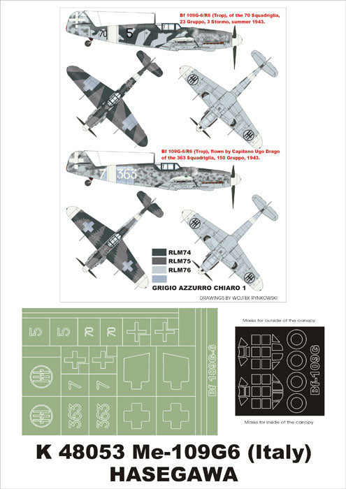 Messerschmitt Bf-109G-6 (Italy) (canopy frame paint masks (inside and outside)) + insignia and markings masks (designed to be used with Hasegawa kits)