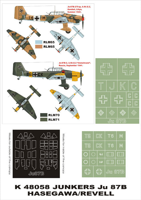 Junkers Ju-87B-2 'Stuka' (canopy frame paint masks (inside and outside)) insignia and markings masks (designed to be used with Hasegawa and Revell kits)