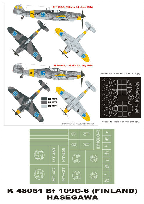 Messerschmitt Bf-109G-6 (FINLAND) (canopy frame paint masks (inside and outside)) + insignia and markings masks (designed to be used with Hasegawa kits)
