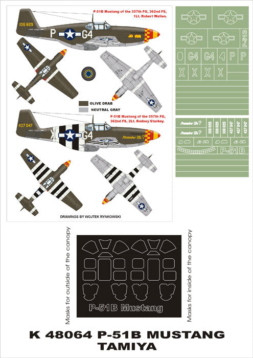 North-American P-51B Mustang (canopy frame paint masks (inside and outside)) insignia and markings masks (designed to be used with Tamiya kits)