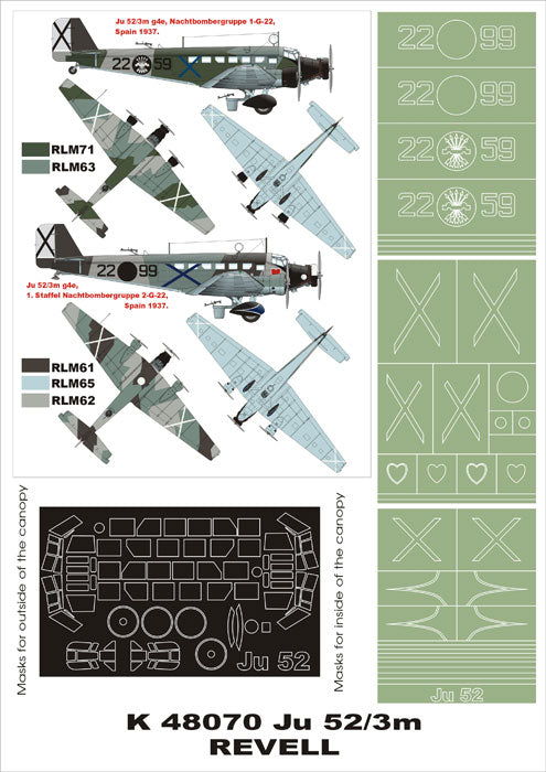 Junkers Ju-52/3M (canopy frame paint masks (inside and outside)) + insignia and markings masks (designed to be used with Revell kits)