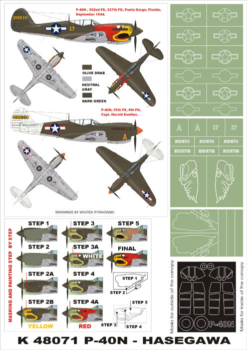 Curtiss P-40N Warhawk (canopy frame paint masks (inside and outside)) + insignia and markings masks (designed to be used with Hasegawa kits)