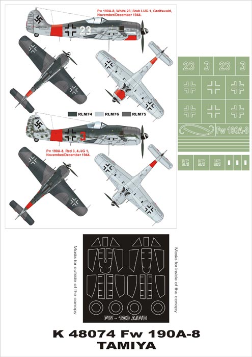 Focke-Wulf Fw-190A-8 (canopy frame paint masks (inside and outside)) insignia and markings masks (designed to be used with Tamiya kits)