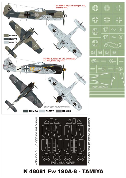 Focke-Wulf Fw-190A-8 (canopy frame paint masks (inside and outside)) insignia and markings masks (designed to be used with Tamiya kits)