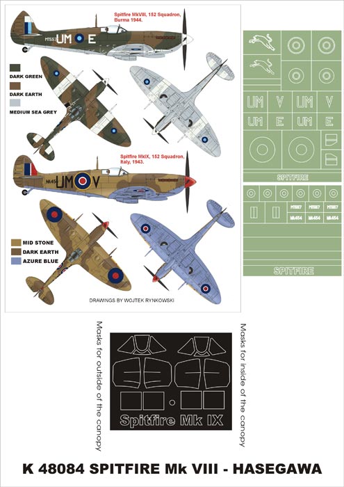 Supermarine Spitfire Mk.VIII (canopy frame paint masks (inside and outside)) insignia and markings masks (designed to be used with Hasegawa kits)