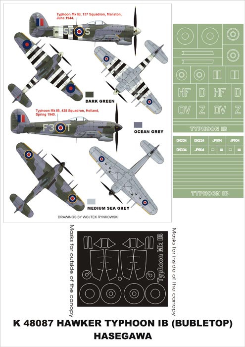 Hawker Typhoon Mk.IB (canopy frame paint masks (inside and outside)) insignia and markings masks (designed to be used with Hasegawa kits)