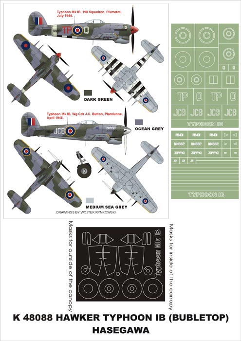 Hawker Typhoon Mk.IB (canopy frame paint masks (inside and outside)) insignia and markings masks (designed to be used with Hasegawa kits)