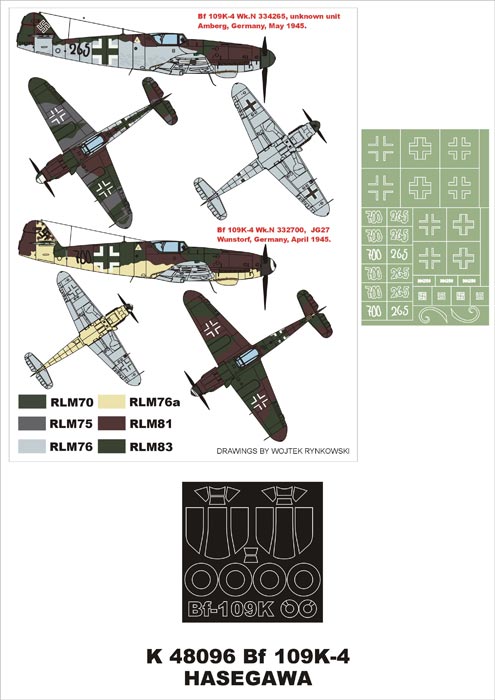 Messerschmitt Bf-109K-4 (canopy frame paint masks (inside and outside)) + insignia and markings masks (designed to be used with Hasegawa kits)
