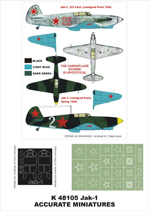 Yakovlev Yak-1 1 (canopy frame paint masks (inside and outside)) + insignia and markings masks (designed to be used with Academy, Accurate Miniatures, Eduard and Hobby 2000 kits)