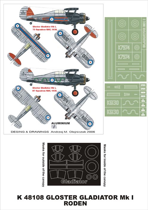 Gloster Gladiator Mk.I (canopy frame paint masks (inside and outside)) insignia and markings masks (designed to be used with Eduard kits and Roden kits)