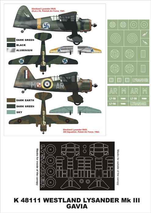 Westland Lysander Mk.III (canopy frame paint masks (inside and outside)) insignia and markings masks (designed to be used with Eduard kits and Gavia kits)