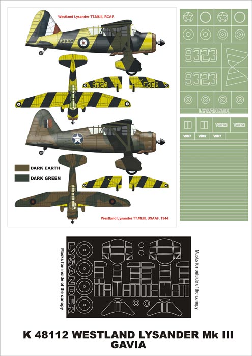 Westland Lysander Mk.III (canopy frame paint masks (inside and outside)) insignia and markings masks (designed to be used with Eduard kits and Gavia kits)