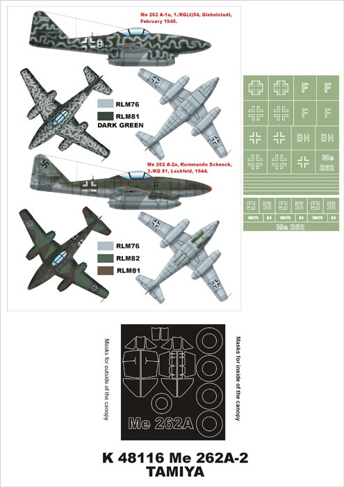 Messerschmitt Me-262A-2 (canopy frame paint masks (inside and outside)) insignia and markings masks (designed to be used with Tamiya kits)