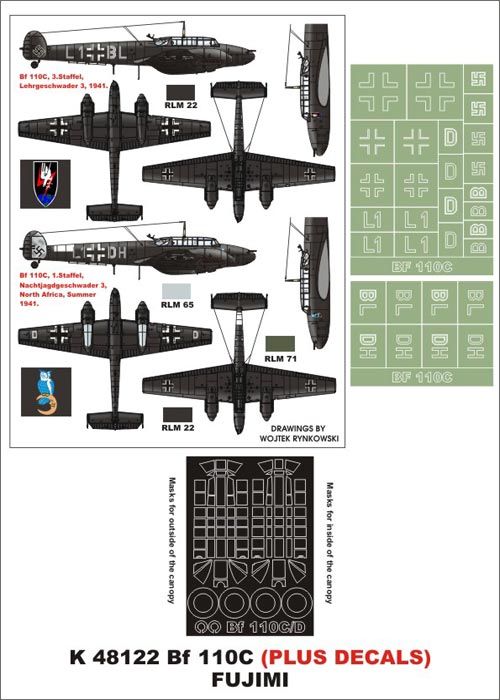 Messerschmitt Bf-110C (canopy frame paint masks (inside and outside)) insignia and markings masks + decals (designed to be used with Fujimi kits)