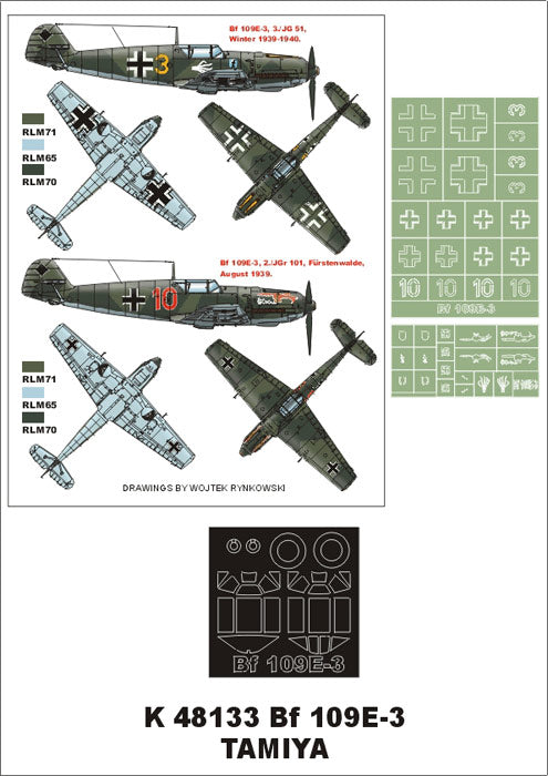 Messerschmitt Bf-109E-3 Tamiya (canopy frame paint masks (inside and outside)) insignia and markings masks + decals (designed to be used with Tamiya kits)