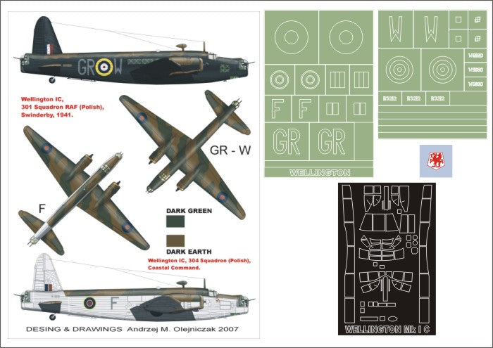 Vickers Wellington Mk.IC 1 canopy mask (exterior) + insignia and markings masks + decals (designed to be used with Trumpeter kits)