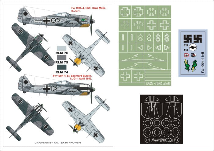 Focke-Wulf Fw-190A-4 (canopy frame paint masks (inside and outside)) + insignia and markings masks + decals (designed to be used with Hasegawa kits)