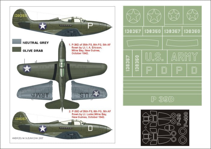 Bell P-39 Airacobra (canopy frame paint masks (inside and outside)) + insignia and markings masks + decals (designed to be used with Hasegawa kits) [P-400 P-39D P-39N P-39Q P-39Q/N]