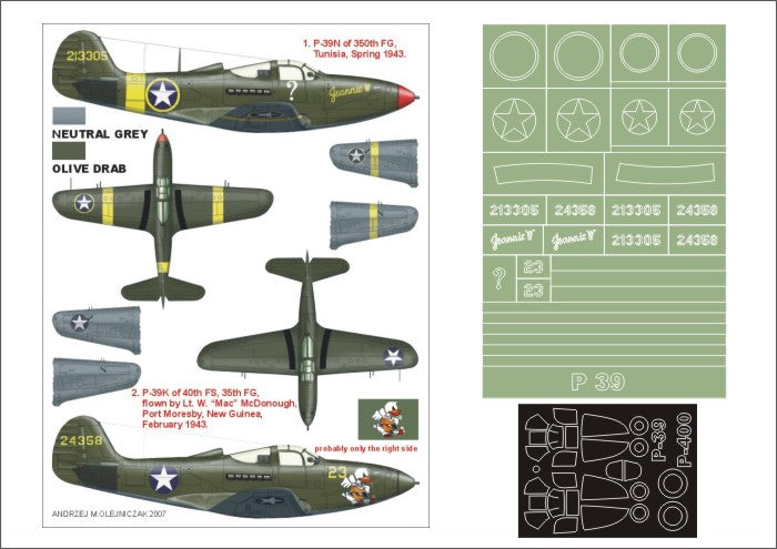 Bell P-39 Airacobra (canopy frame paint masks (inside and outside)) + insignia and markings masks + decals (designed to be used with Hasegawa kits)[P-400 P-39D P-39N P-39Q P-39Q/N]