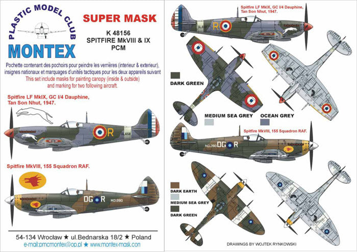 Supermarine Spitfire Mk.VIII & Mk.IX (canopy frame paint masks (inside and outside)) + insignia and markings masks (designed to be used with Hasegawa kits)