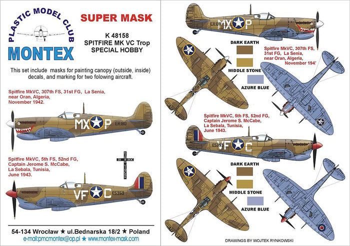 Supermarine Spitfire Mk.VC (canopy frame paint masks (inside and outside)) insignia and markings masks (designed to be used with Special Hobby kits)