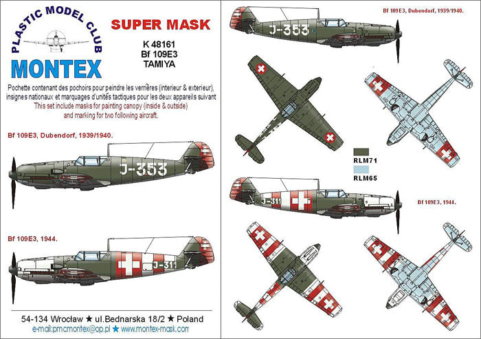 Messerschmitt Bf-109E-3 (Swiss) (canopy frame paint masks (inside and outside)) insignia and markings masks (designed to be used with Tamiya kits)