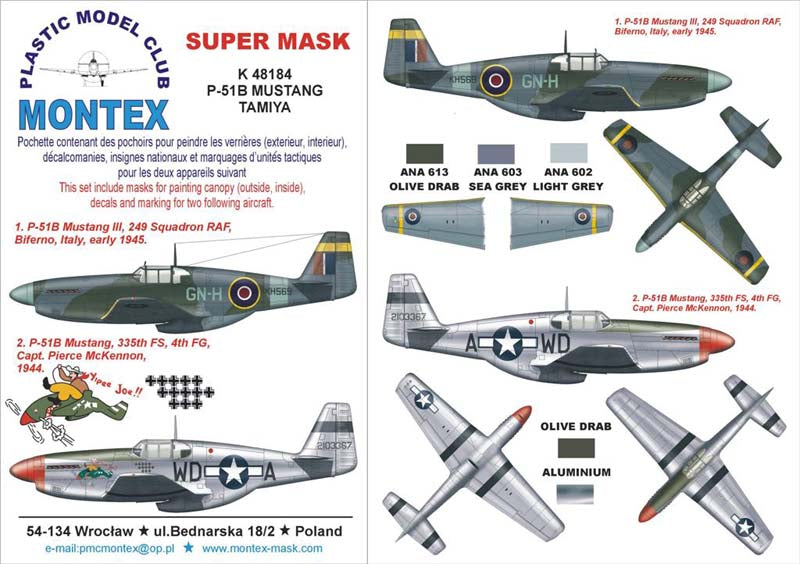 North-American P-51B MUSTANG (canopy frame paint masks (inside and outside)) insignia and markings masks + decals (designed to be used with Tamiya kits)