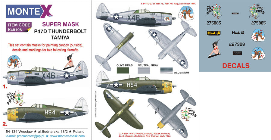 Republic P-47D Thunderbolt RAZORBACK 1 canopy mask (exterior) insignia and markings masks + decals (designed to be used with Tamiya kits)