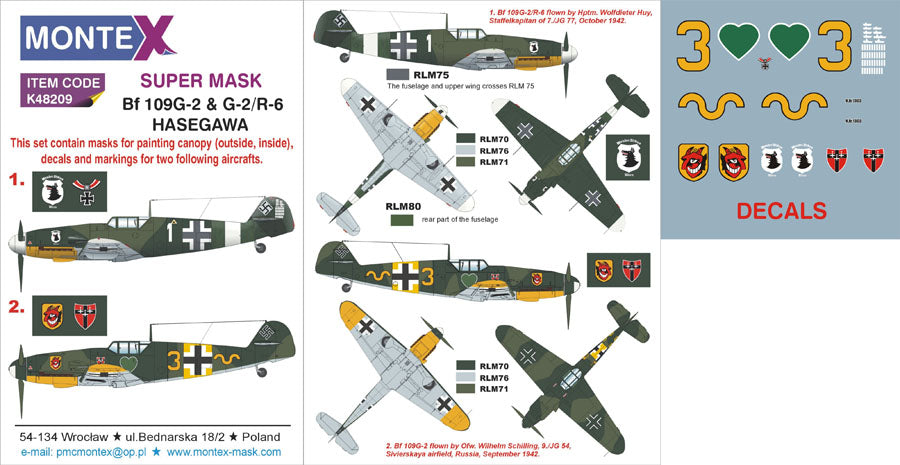 Messerschmitt Bf-109G-2 & G-2/R-6 (canopy frame paint masks (inside and outside)) + insignia and markings masks + decals (designed to be used with Hasegawa kits)