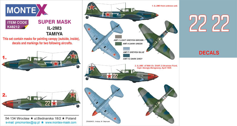 Ilyushin Il-2M3 (canopy frame paint masks (inside and outside)) + insignia and markings masks + decals (designed to be used with Tamiya kits)