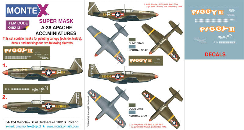 North-American A-36A Apache Mustang (canopy frame paint masks (inside and outside)) insignia and markings masks + decals (designed to be used with Accurate Miniatures kits)