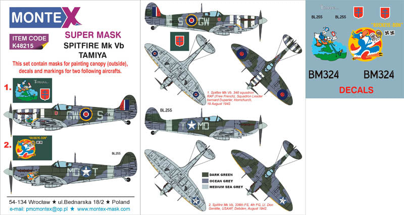 Supermarine Spitfire Mk.Vb 1 canopy mask (exterior) insignia and markings masks + decals (designed to be used with Tamiya kits)
