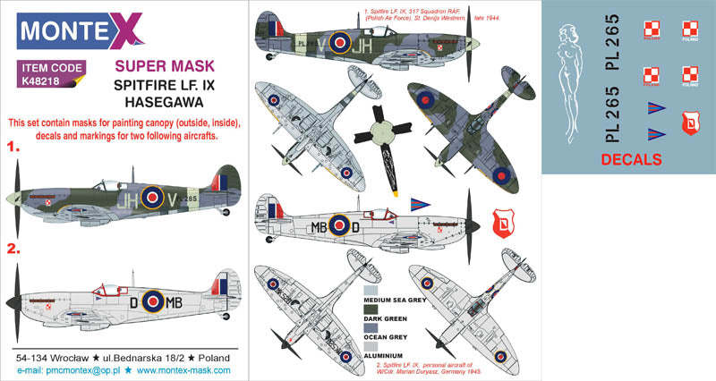 Supermarine Spitfire Mk.IXc/Mk.IXe (canopy frame paint masks (inside and outside)) + insignia and markings masks + decals (designed to be used with Hasegawa kits)